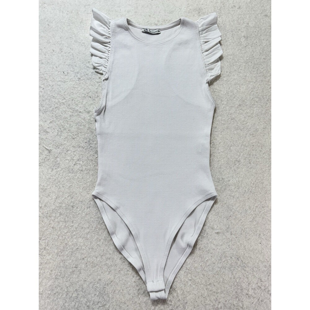 Zara Ruffle Sleeve Body Suit Sleeveless Racerback Medium White Ribbed